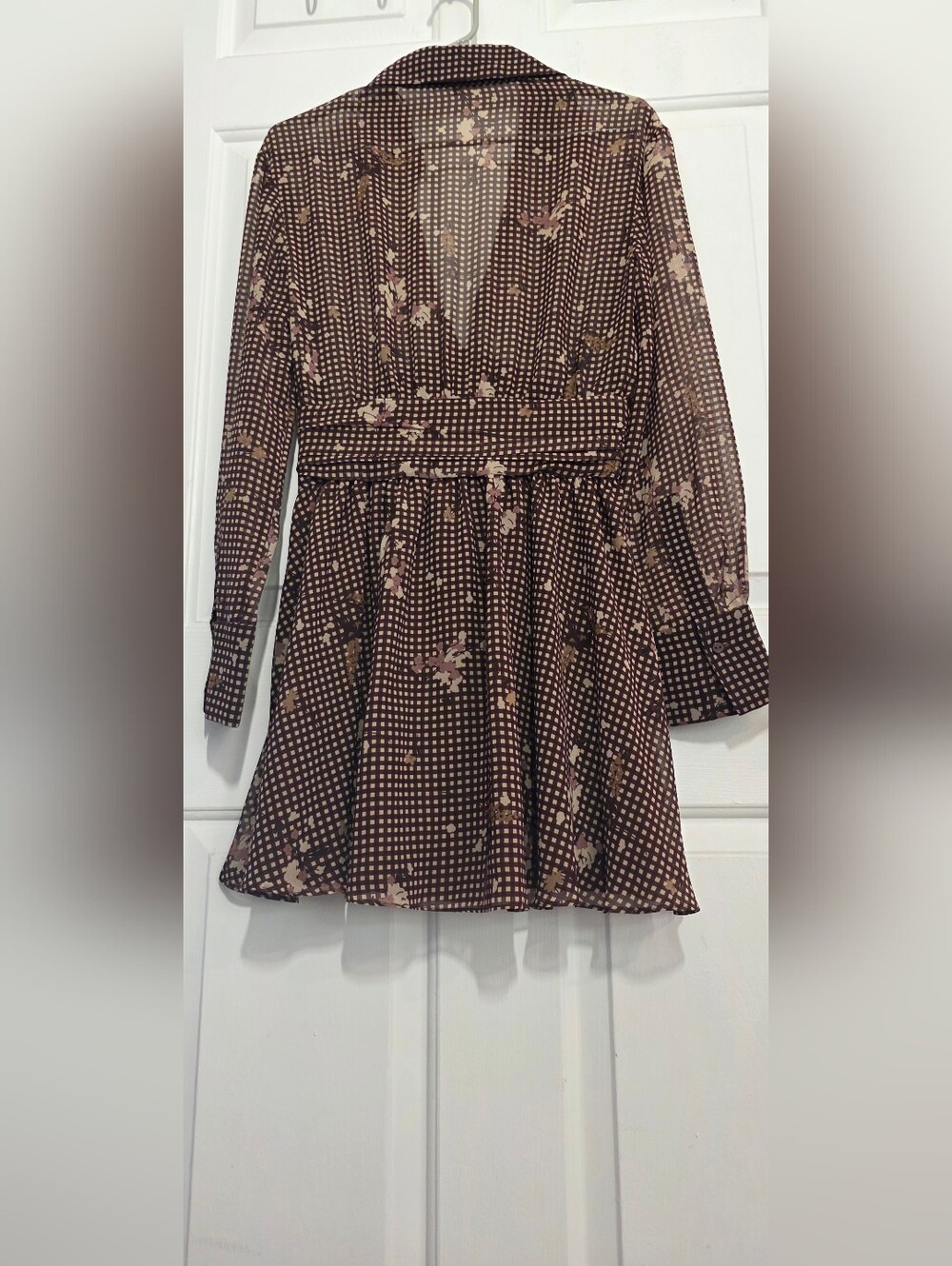 ZARA Brown Floral Gingham Long-Sleeve V-NECK A-Line Dress - Picture 13 of 16